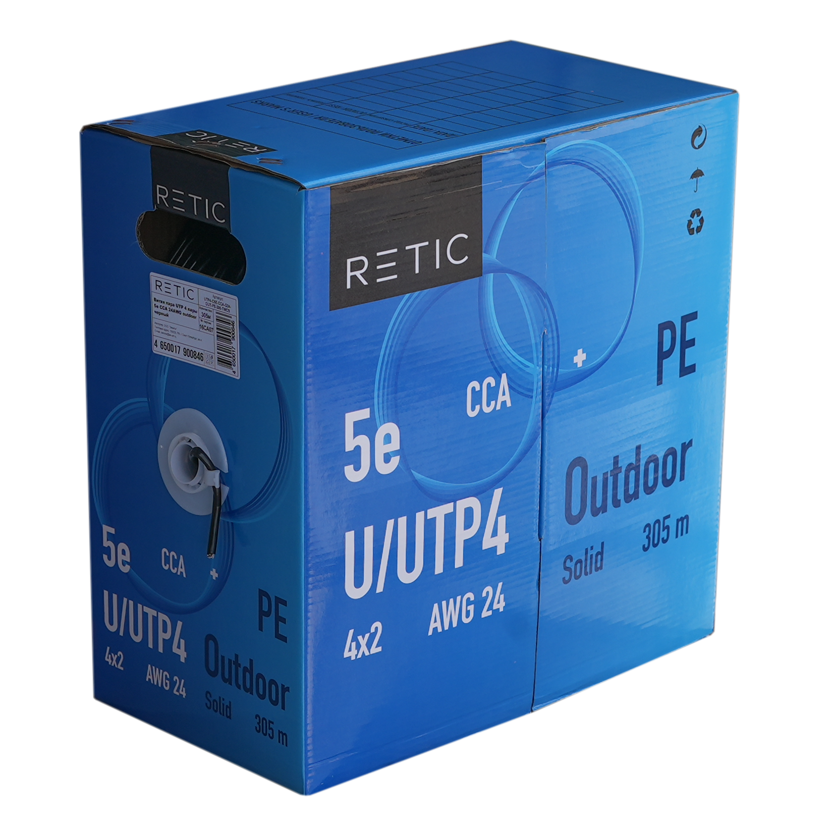 Кабель Retic U/UTP4 cat.5e, 24 AWG, одножильный, 305м, CCA, PE для наружных работ, 305м