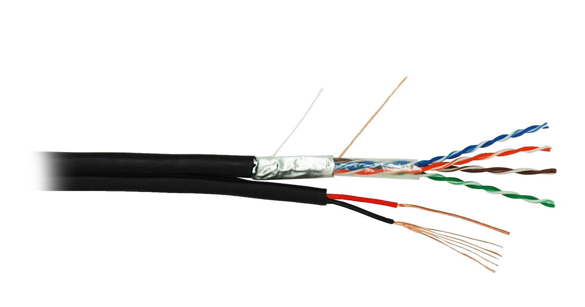 Кабель F/UTP 4 пары, Кат.5е, медный, с силовым кабелем 0,35мм2, внешний, PE, черный, 305м