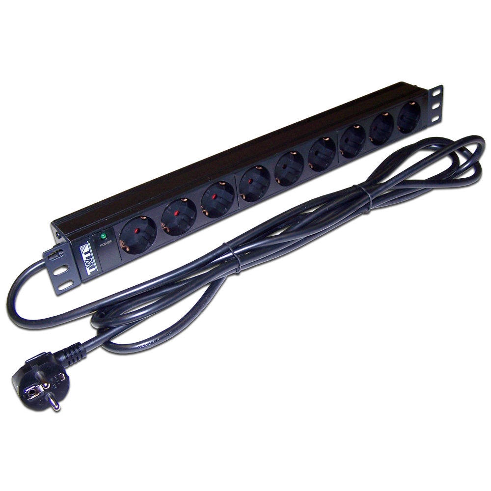 Блок розеток 19", 1-фазный без выключателя, 16A / 250V, 9xSchuko, шнур 3.0 м, вилка Schuko