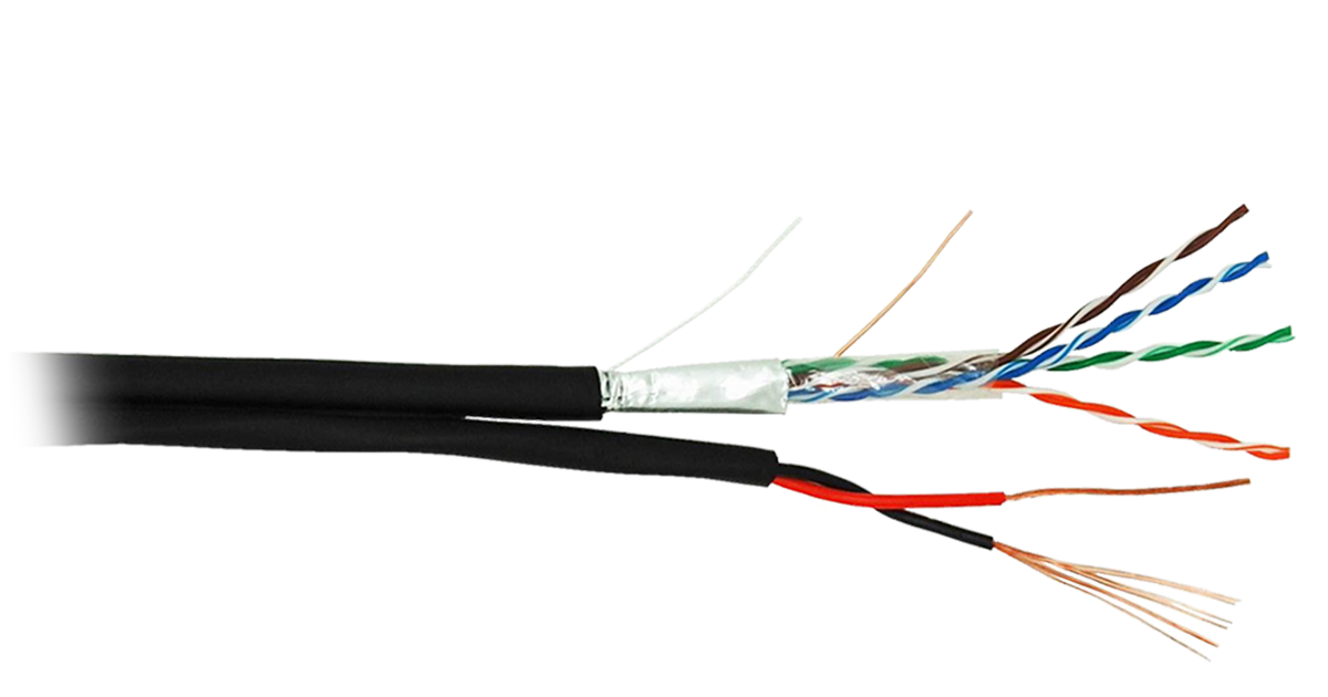 Кабель F/UTP 4 пары, Кат.5е, медный, с силовым кабелем 0,50 мм2, внешний, PE, черный, 305м