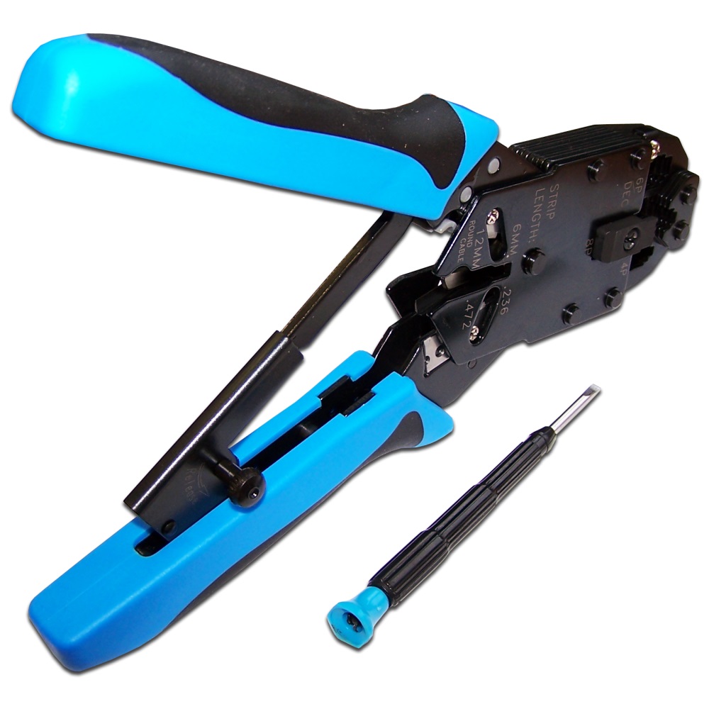 Обжимной инструмент для витой пары и кабеля с коннекторами 4P, 6P, 8P, с храповым механизмом