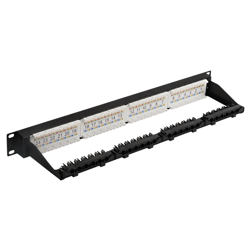 Патч-панель 19", 24 порта RJ45, неэкранированная, кат.6A, 1U, с задним органайзером с фиксаторами кабеля__
