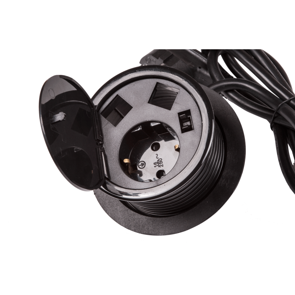 Лючок в стол на два кейстоуна + одна розетка со шнуром 1.8м, черный