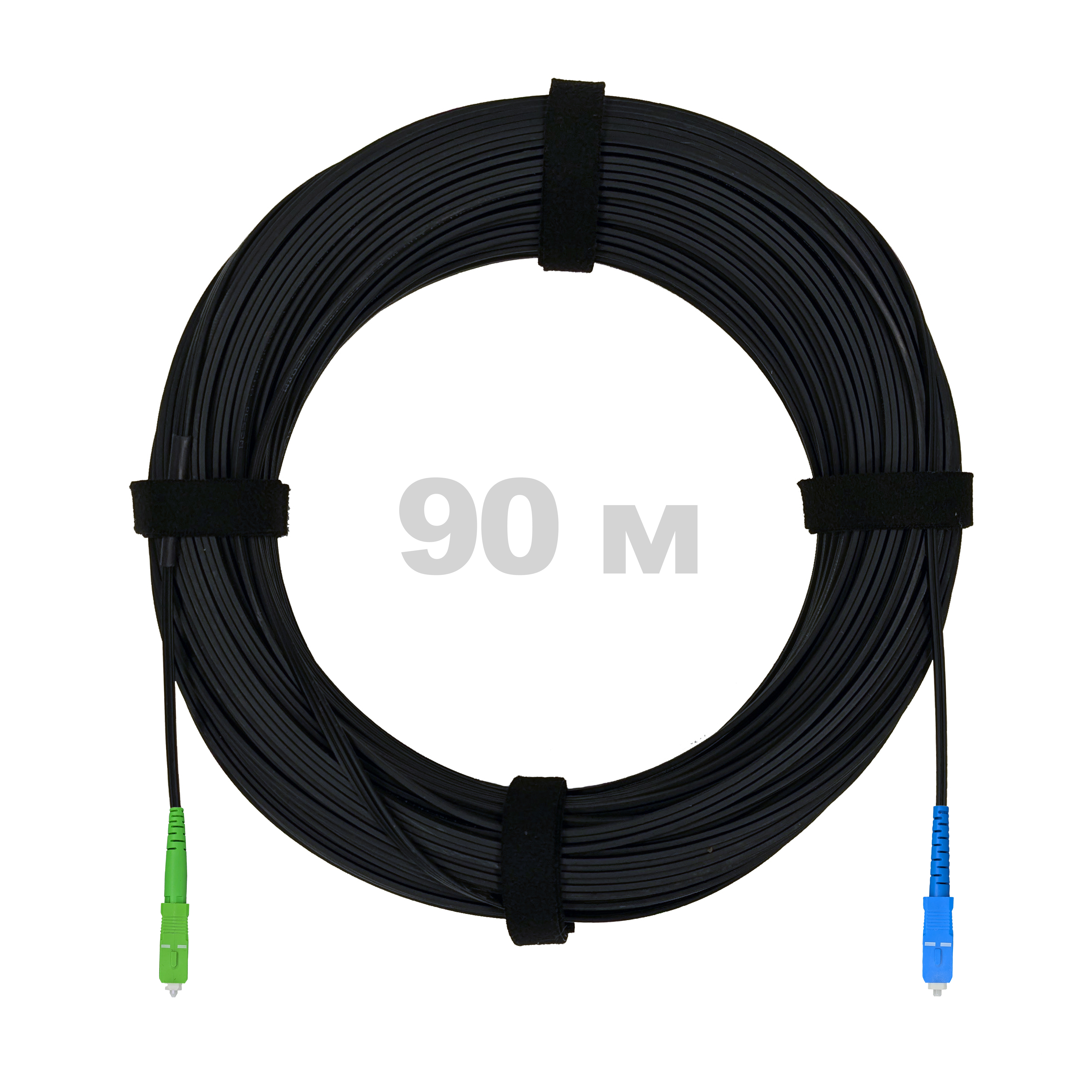 Патч-корд оптический FTTH с выносным силовым элементом, диэлектрик FRP, G.657 LSZH SC/APC-SC/UPC, черный 90 м.