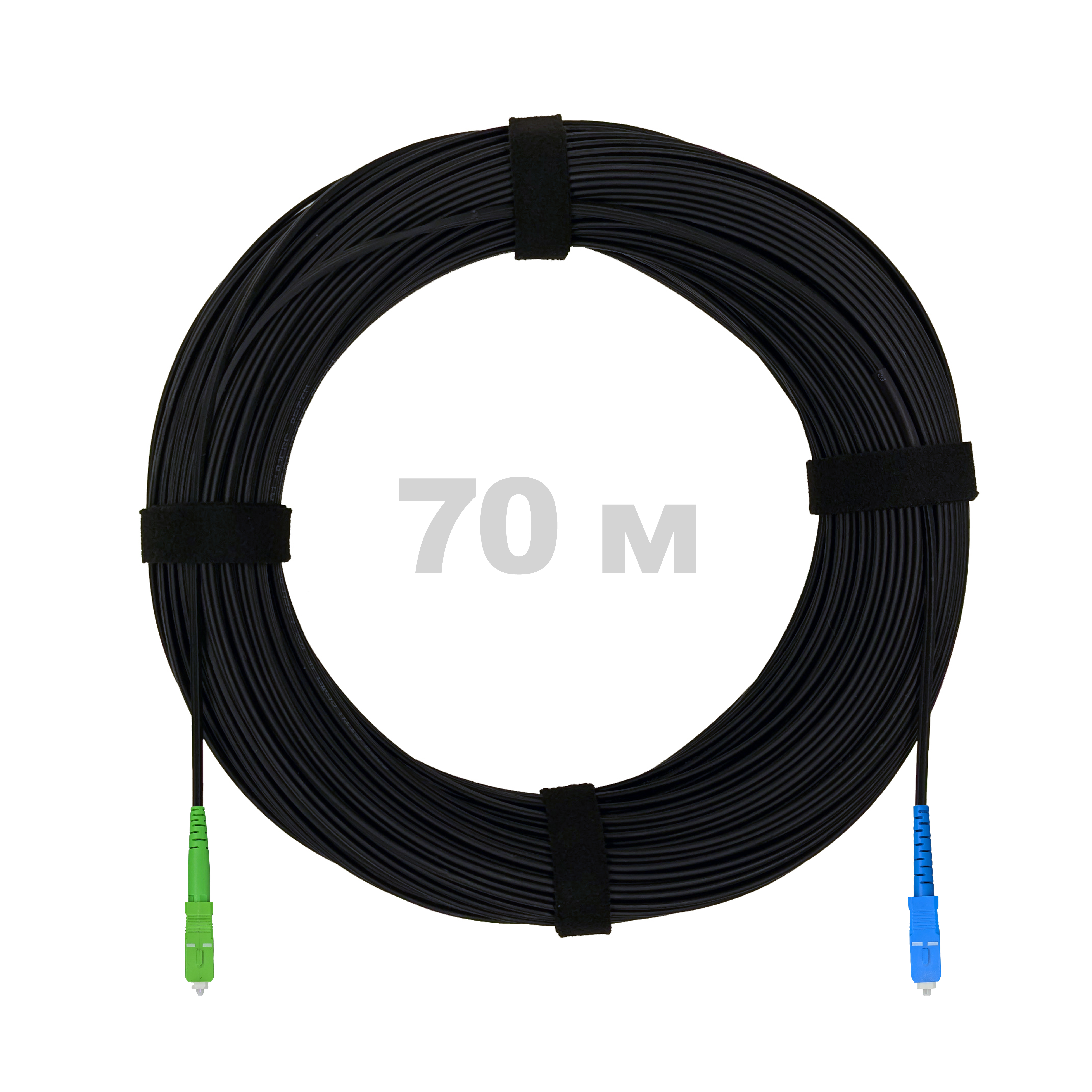 Патч-корд оптический FTTH с выносным силовым элементом, диэлектрик FRP, G.657 LSZH SC/APC-SC/UPC, черный 70 м.