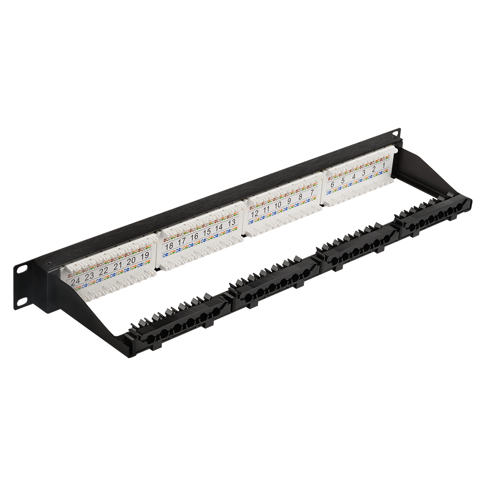 Патч-панель 19", 24 порта RJ45, неэкранированная, кат.5E, 1U, с задним органайзером с фиксаторами кабеля__