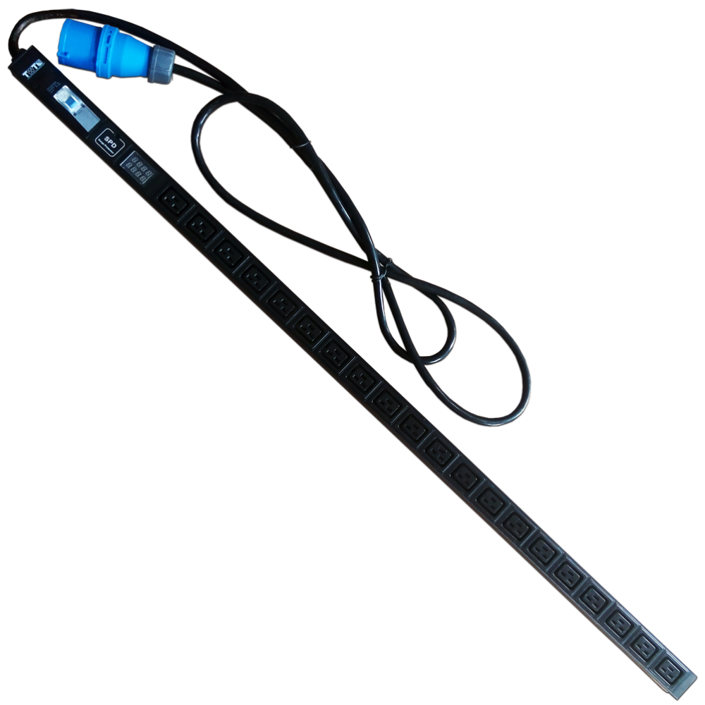 Вертикальный блок розеток, 20xC19, 250V, 32A, A/V-метр, шнур 3 метра, вилка IEC309