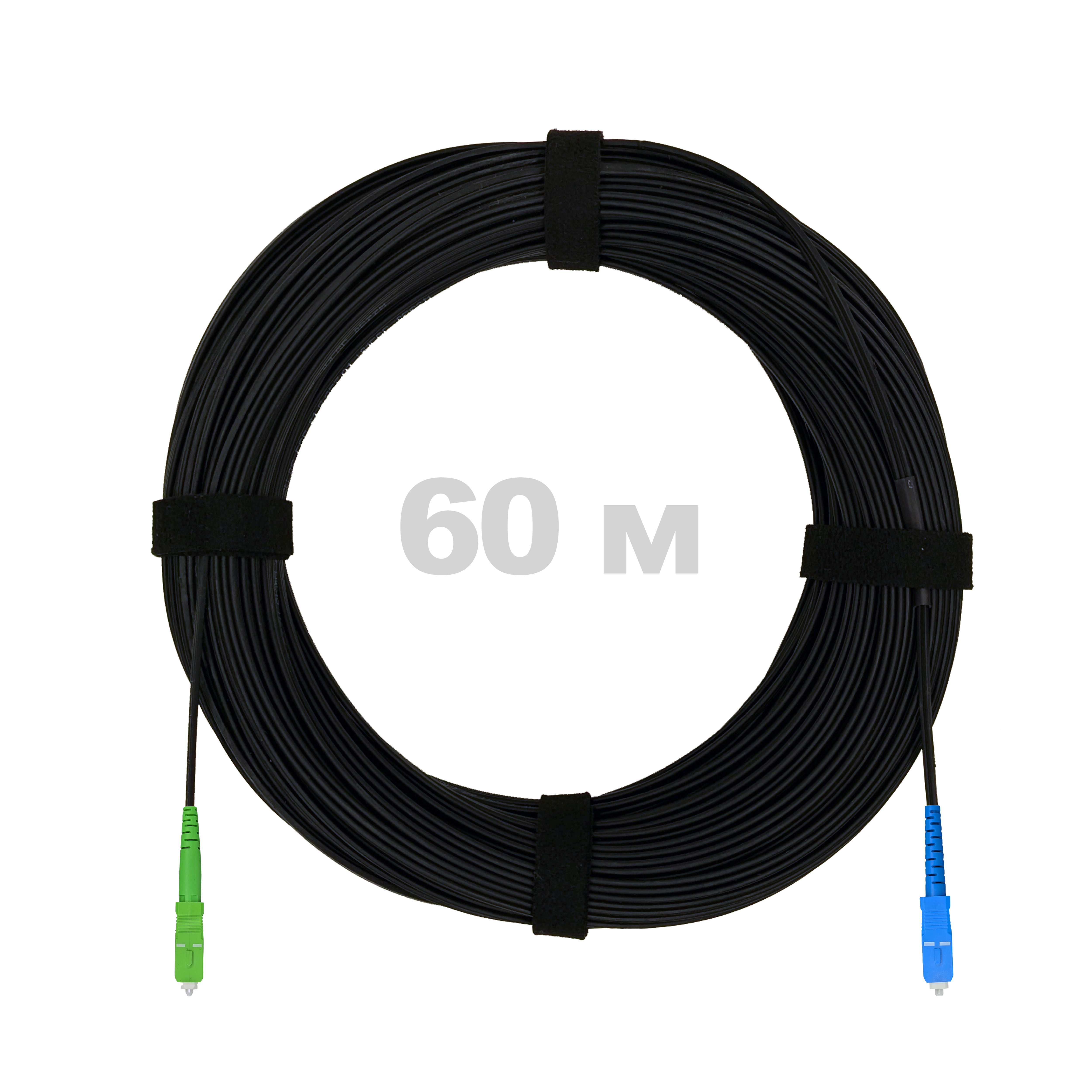 Патч-корд оптический FTTH с выносным силовым элементом, диэлектрик FRP, G.657 LSZH SC/APC-SC/UPC, черный 60 м.