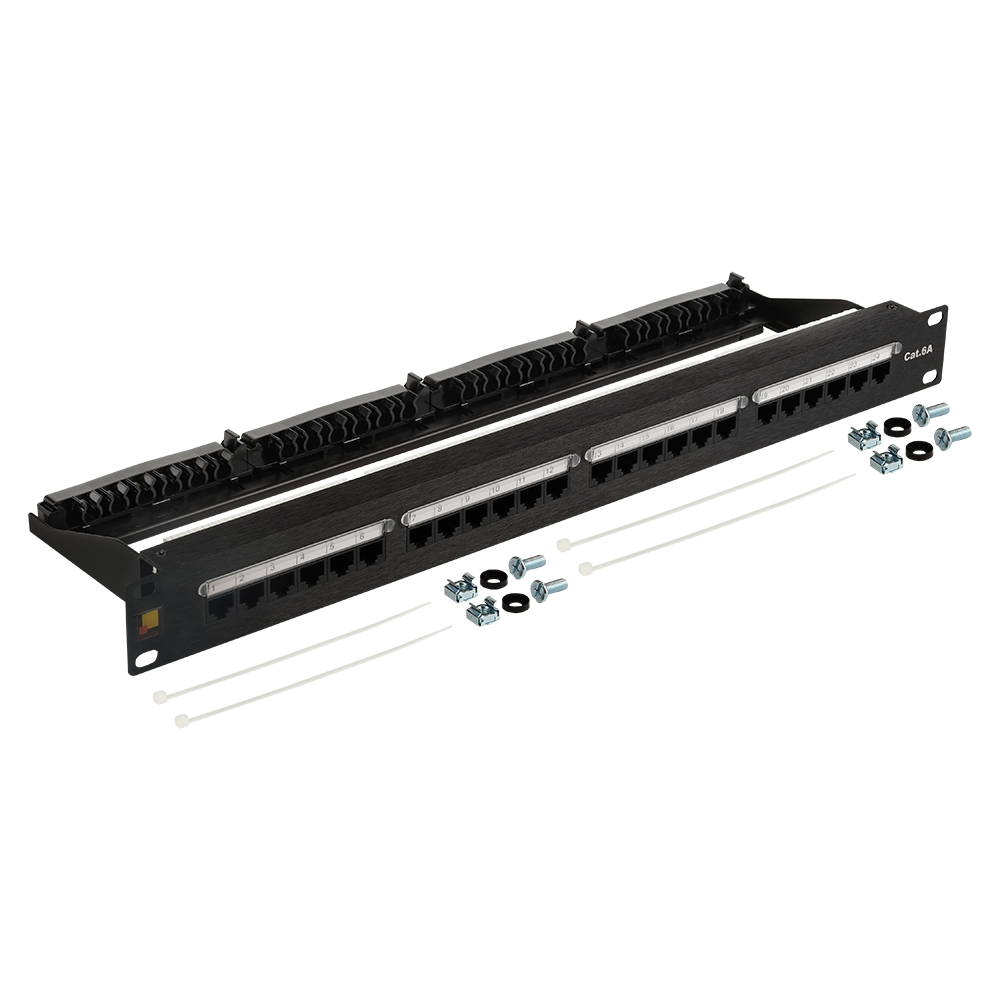 Патч-панель 19", 24 порта RJ45, неэкранированная, кат.6A, 1U, с задним органайзером с фиксаторами кабеля