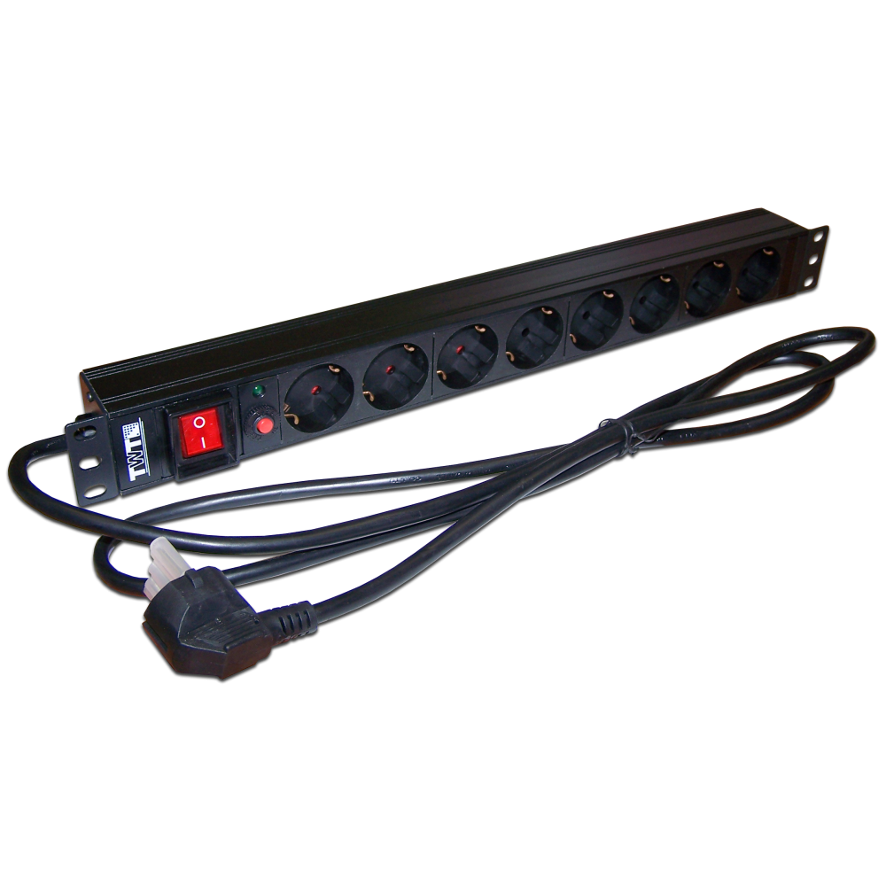 Блок розеток 19", 1-фазный с выключателем, 16A / 250V, 8xSchuko, шнур 1.8 м, вилка Schuko