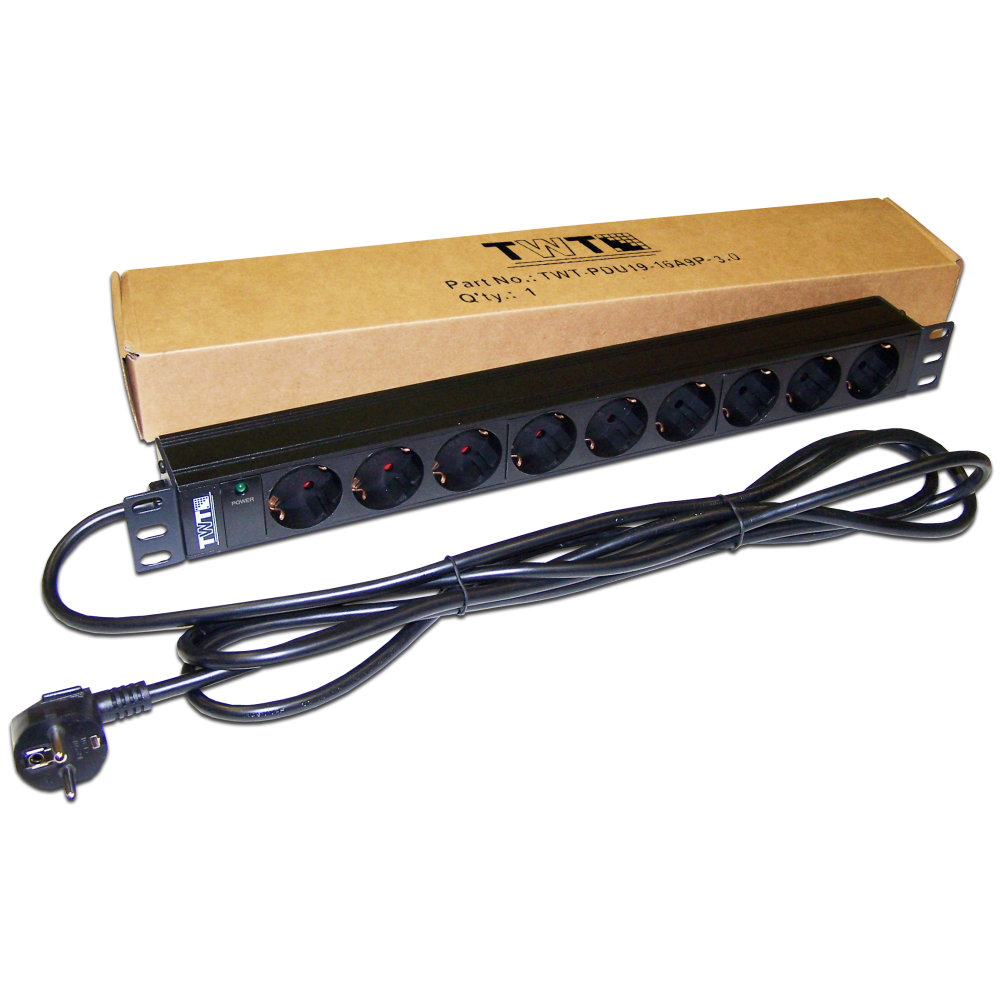 Блок розеток 19", 1-фазный без выключателя, 16A / 250V, 9xSchuko, шнур 3.0 м, вилка Schuko__