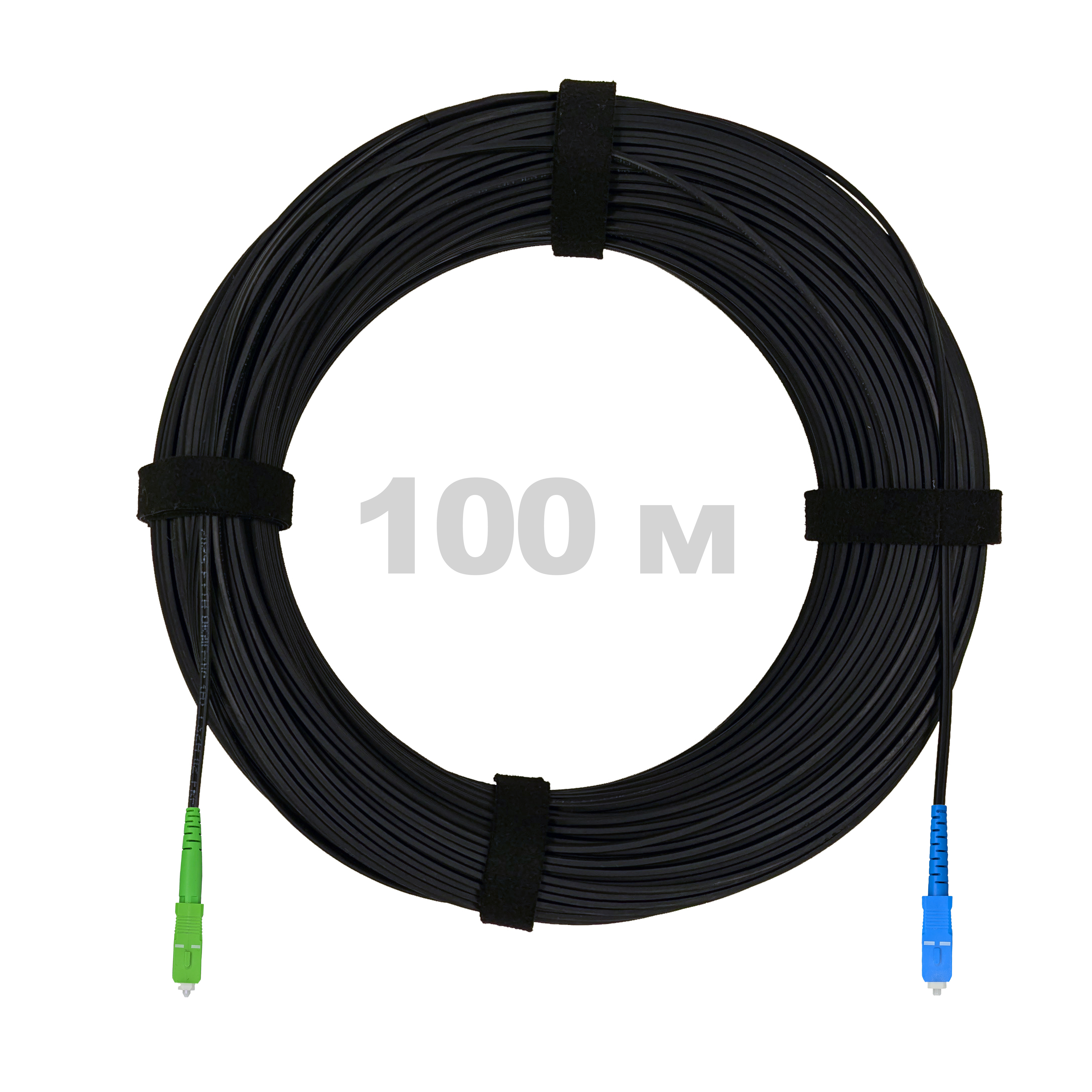 Патч-корд оптический FTTH с выносным силовым элементом, диэлектрик FRP, G.657 LSZH SC/APC-SC/UPC, черный 100 м.