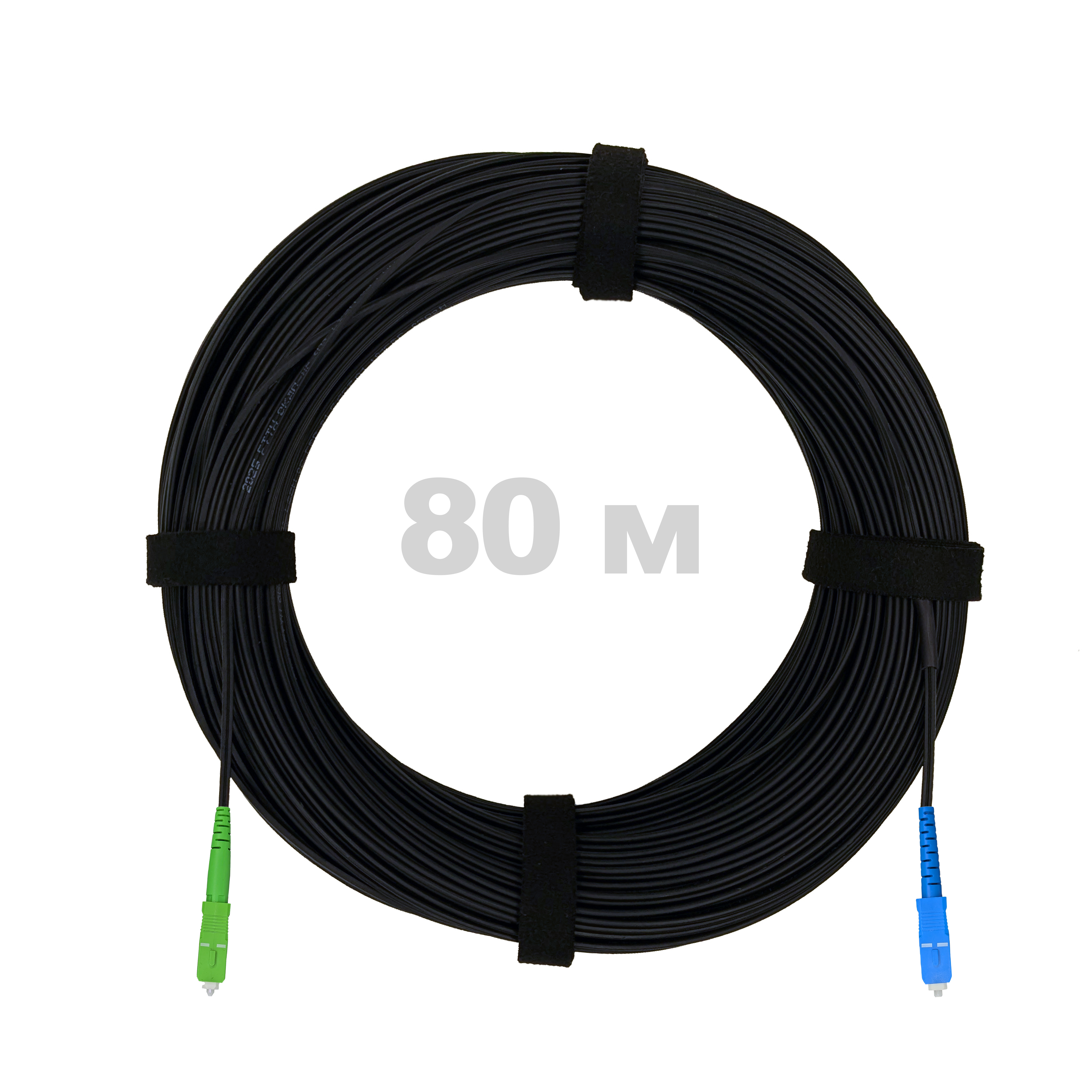 Патч-корд оптический FTTH с выносным силовым элементом, диэлектрик FRP, G.657 LSZH SC/APC-SC/UPC, черный 80 м.