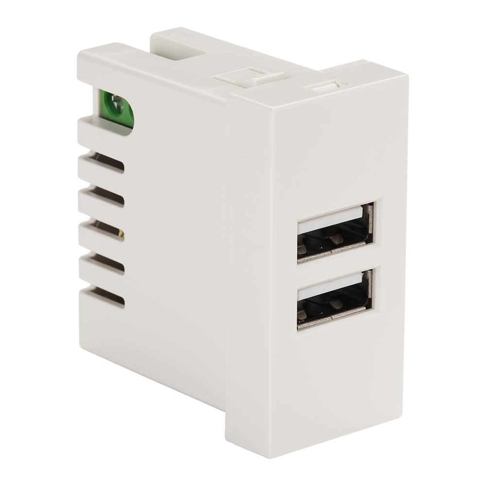 Модуль USB-зарядки, 2 порта USB-A, 2.1A/5V, 45x22.5, белый