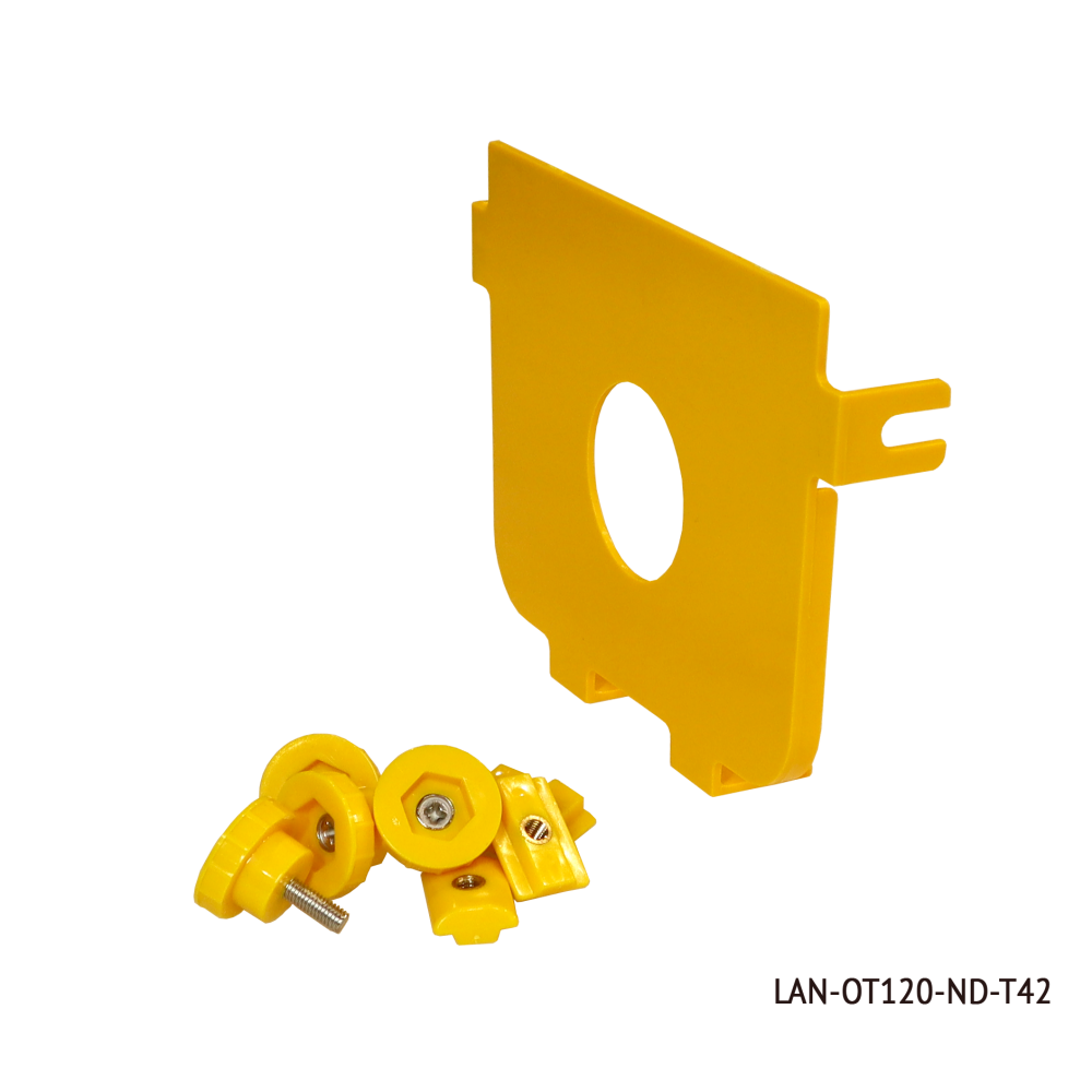 Торцевая заглушка оптического лотка 120 мм и кабельного спуска LAN-OT120-OB, с отверстием под трубу 56 мм, желтая
