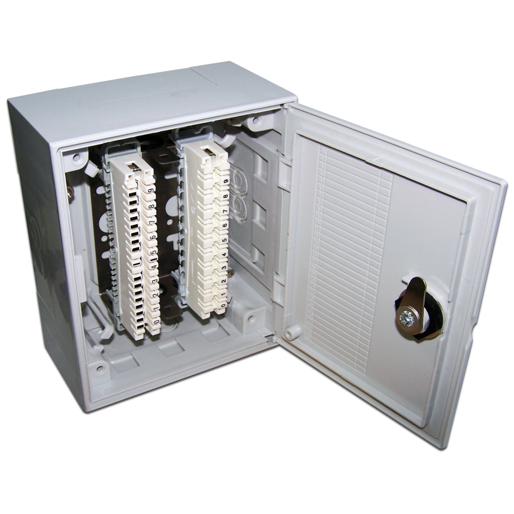 Настенный распределительный бокс, 10 плинтов, 100 пар, пластик, с замком__