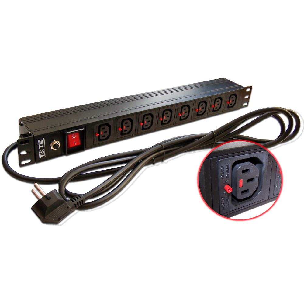 Блок розеток 19" 8 шт. C13 с фиксатором вилки, 10A 250V, шнур питания 3.0 м