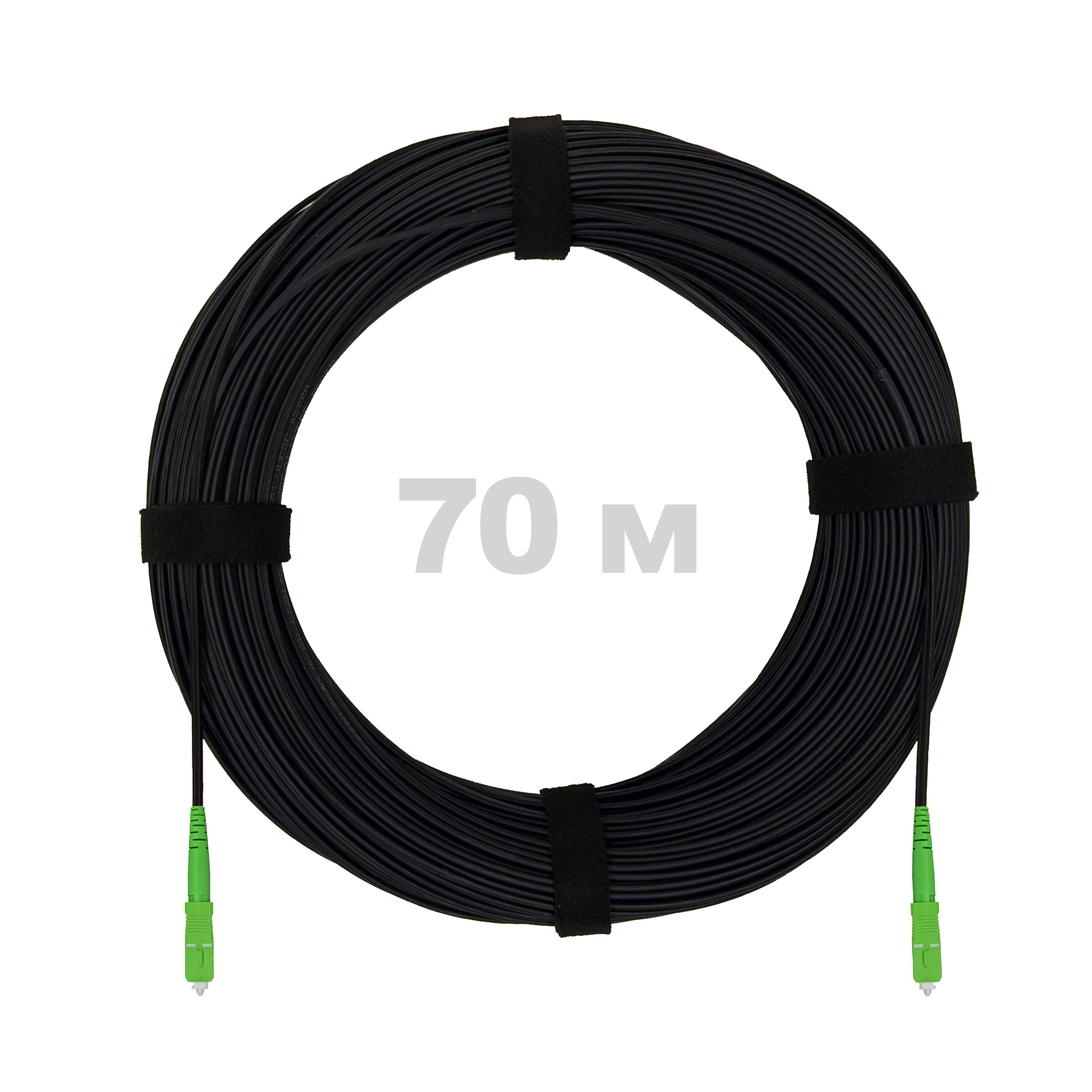 Патч-корд оптический FTTH с выносным силовым элементом, диэлектрик FRP, G.657 LSZH 2SC/APC, черный 70 м.